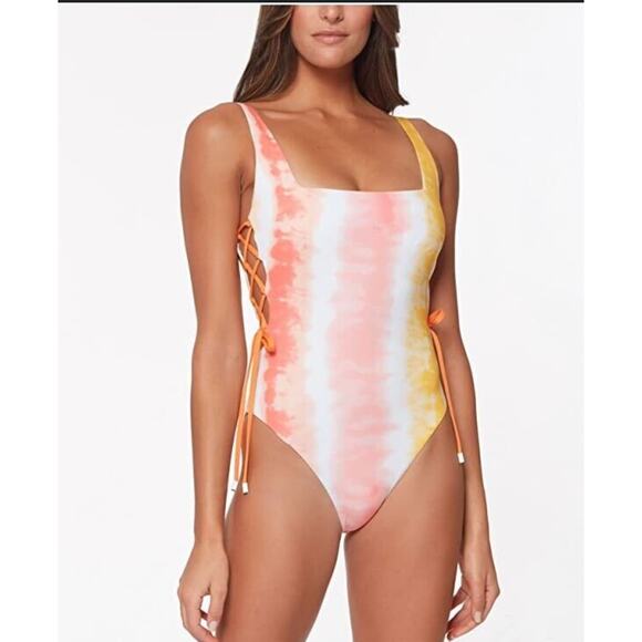 Sanctuary pink yellow orange tie dyed lace side one piece swimsuit SIZE L - Picture 2 of 8